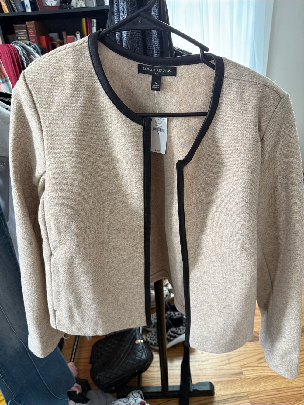 Banana Republic Beige Collarless Jacket with Black Trim